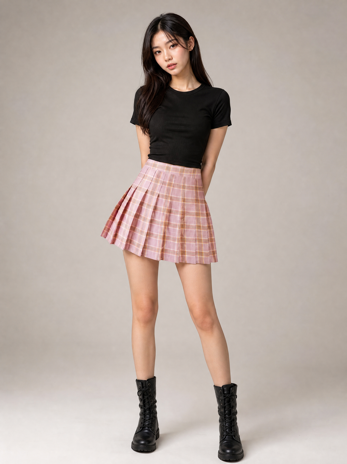 Worn by a Japanese female model: Preppy Harajuku Plaid Pleated Mini Skirt