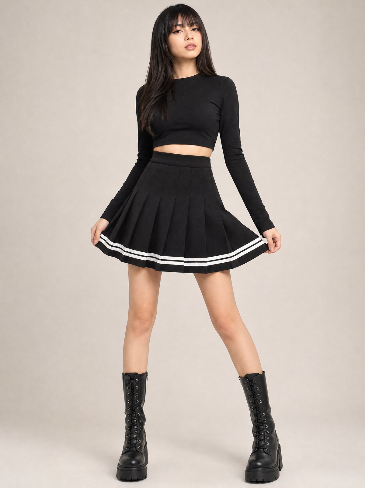 Worn by a Japanese female model: Harajuku Gothic Pleated Mini Skirt