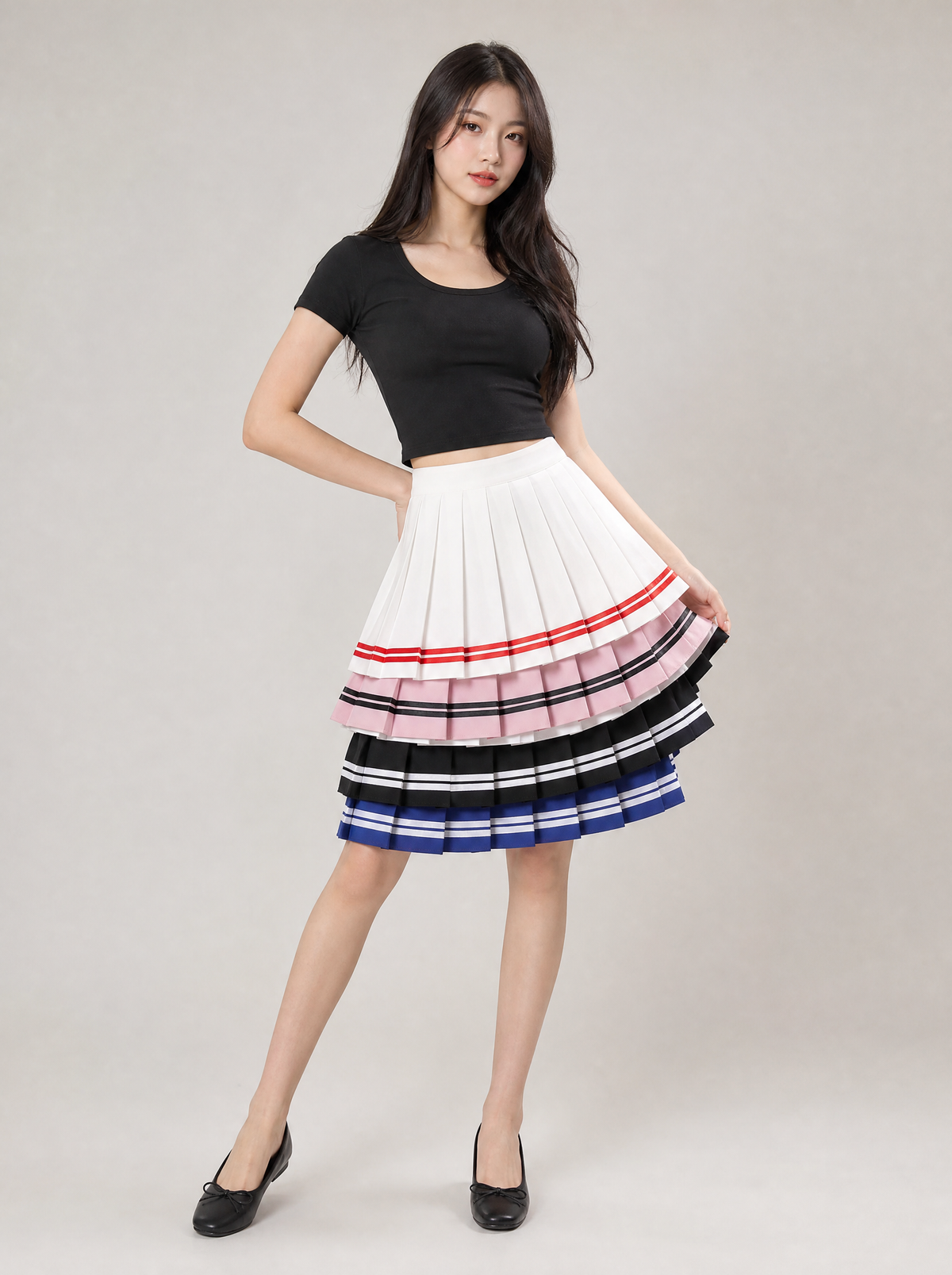 Worn by a Japanese female model: High Waist Korean Pleated Skirt