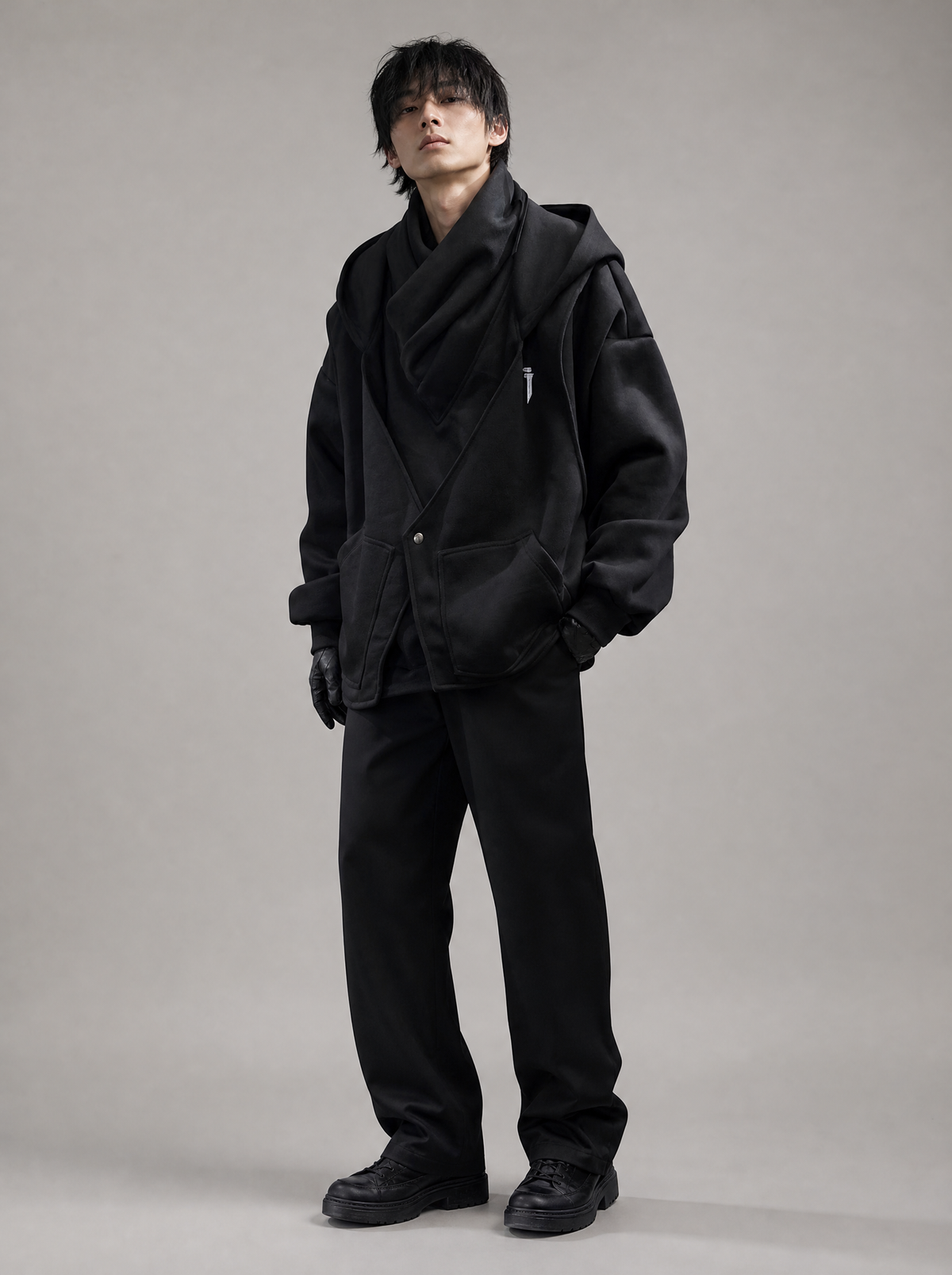 Worn by a Japanese male model: HiH57 Black Assassin Hoodie