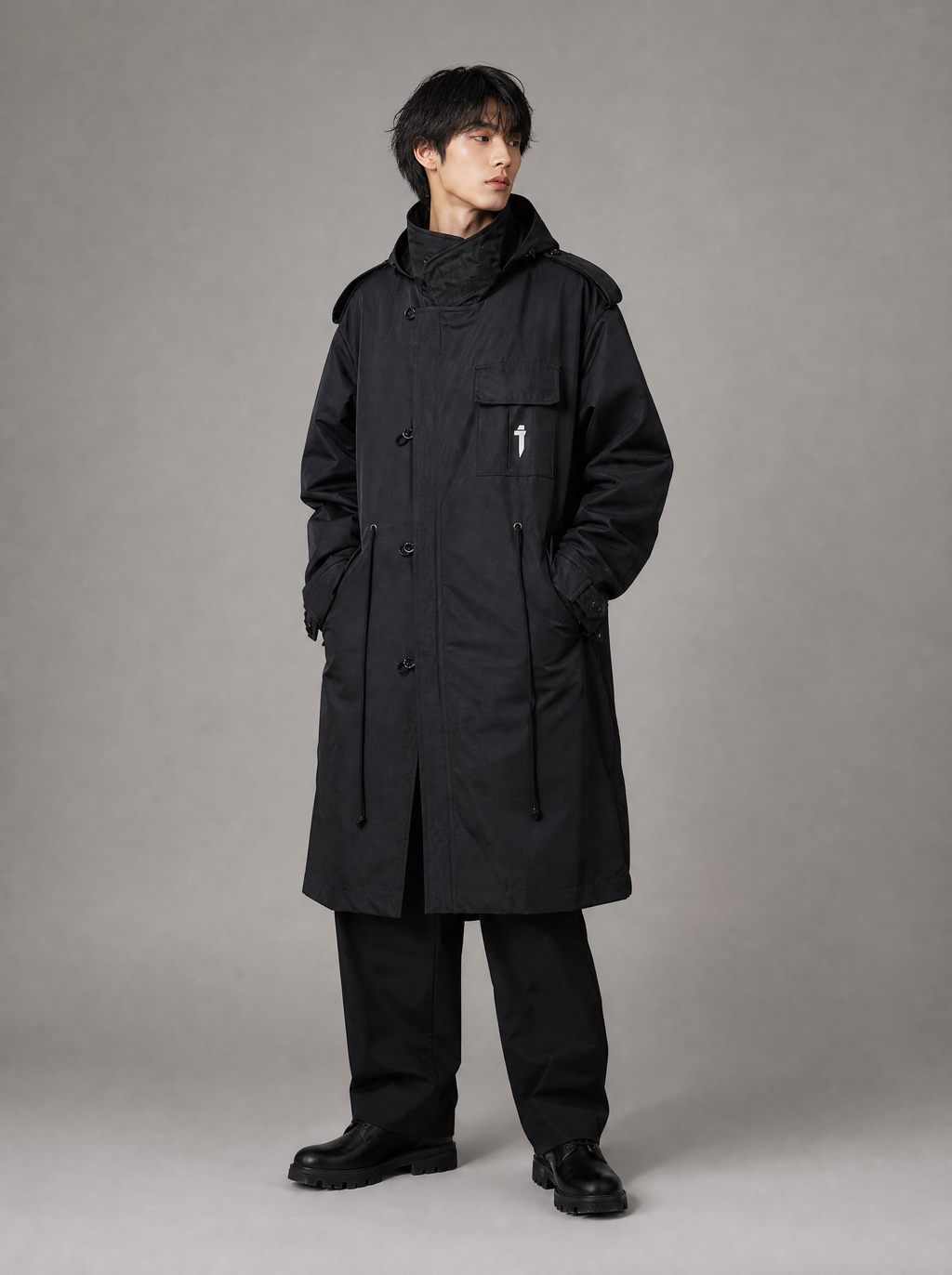 Worn by a Japanese male model: HiJ38 I-Tech Anorak Trench Coat