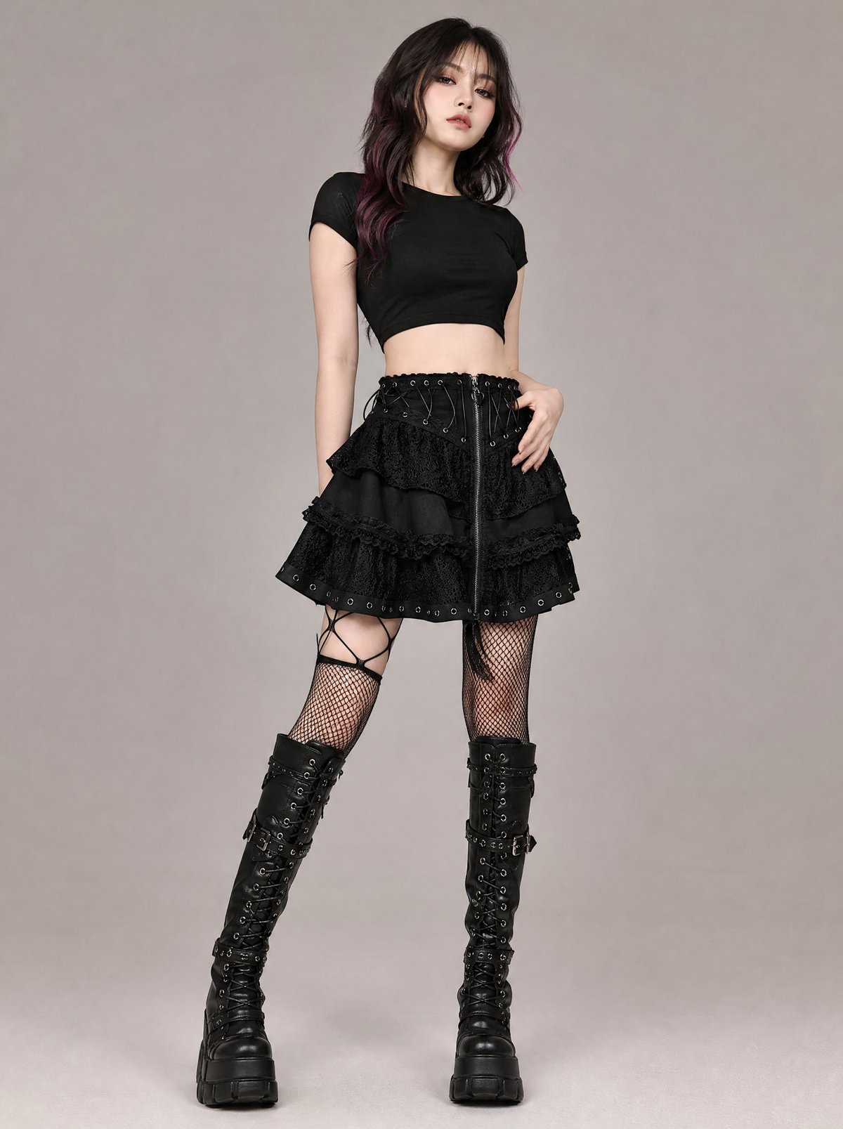 Worn by a Japanese female model: Gothic Lace-Up Corset Skirt