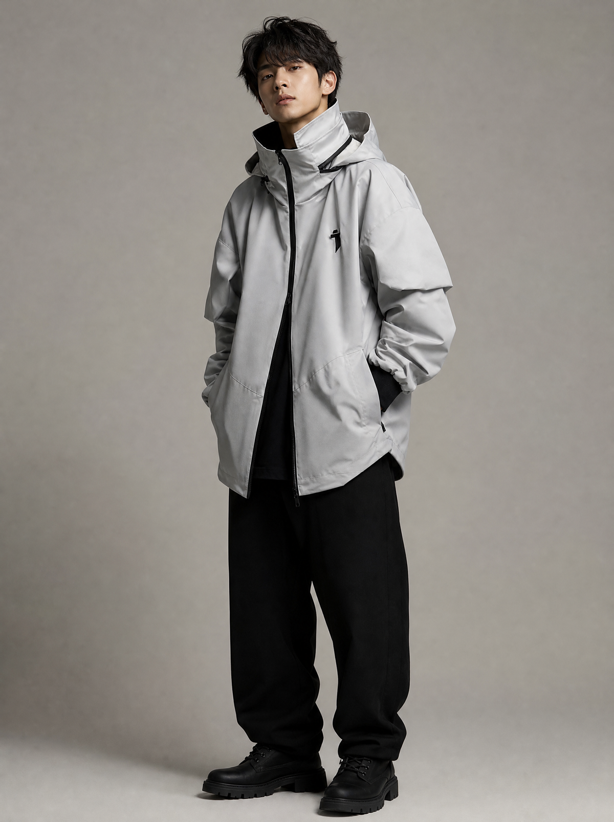 Worn by a Japanese male model: HiJ35 Grey Tech Jacket