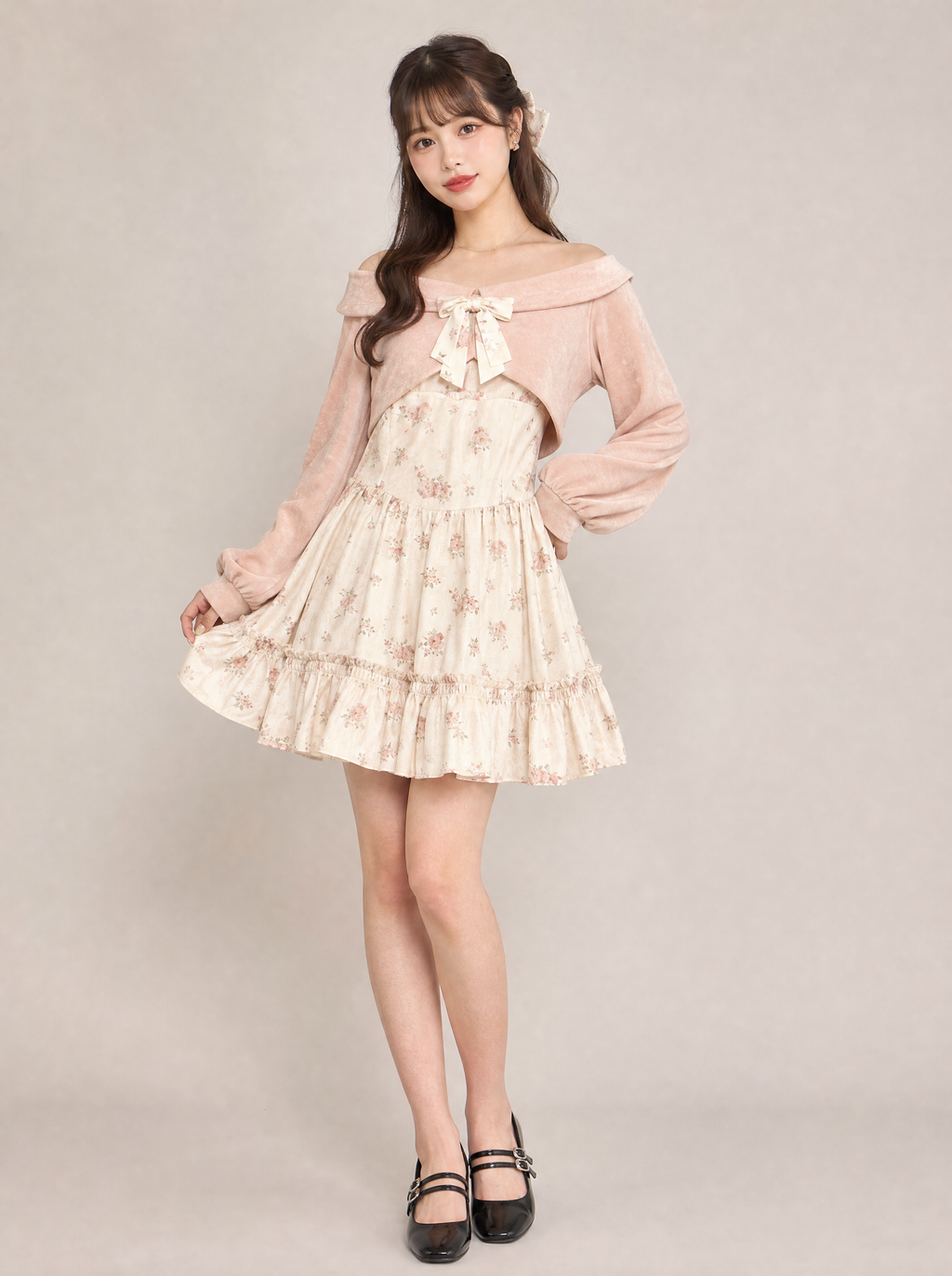 Worn by a Japanese female model: Y2K Sweet Bow Corduroy Top & Floral Dress Set