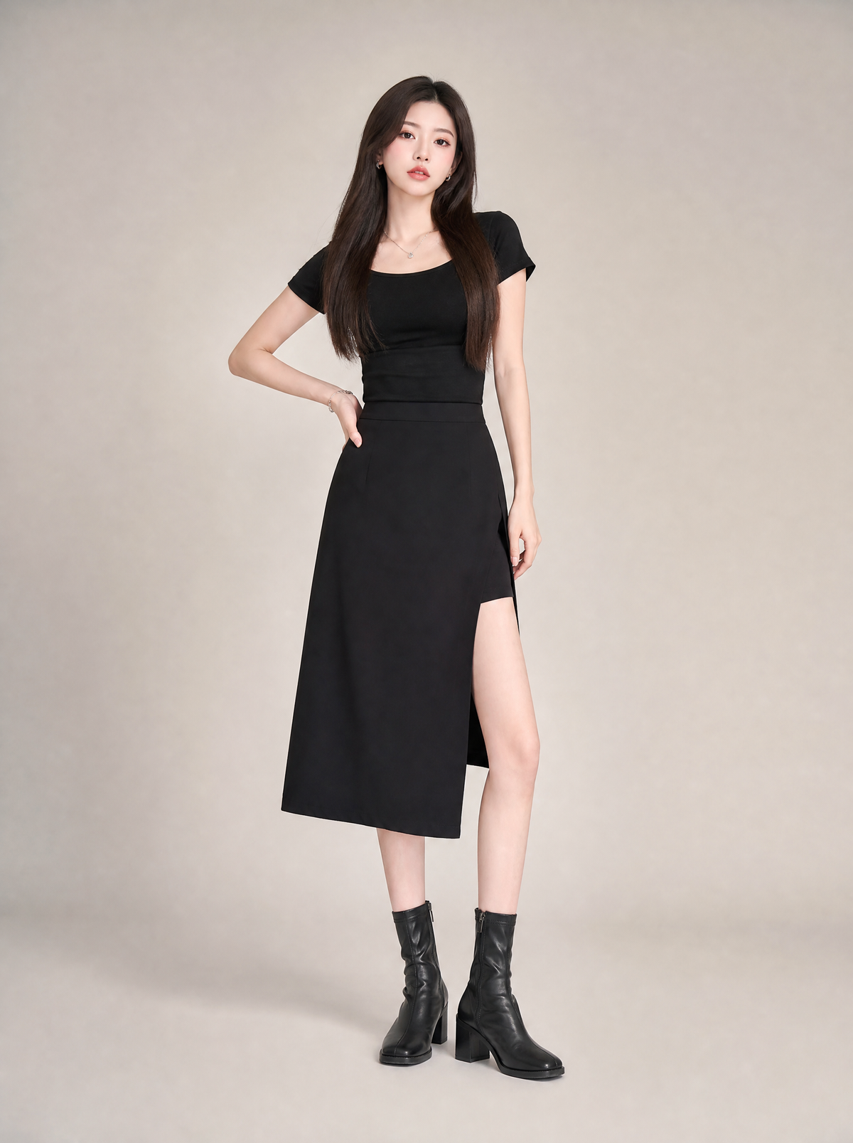 Worn by a Japanese female model: High Waist Harajuku Split Skirt