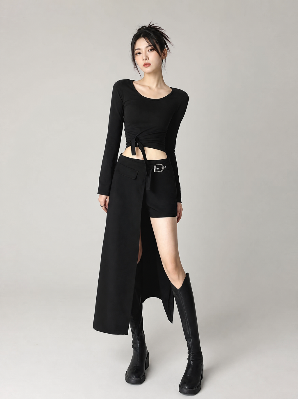 Worn by a Japanese female model: Gothic Techwear Mini Skirt