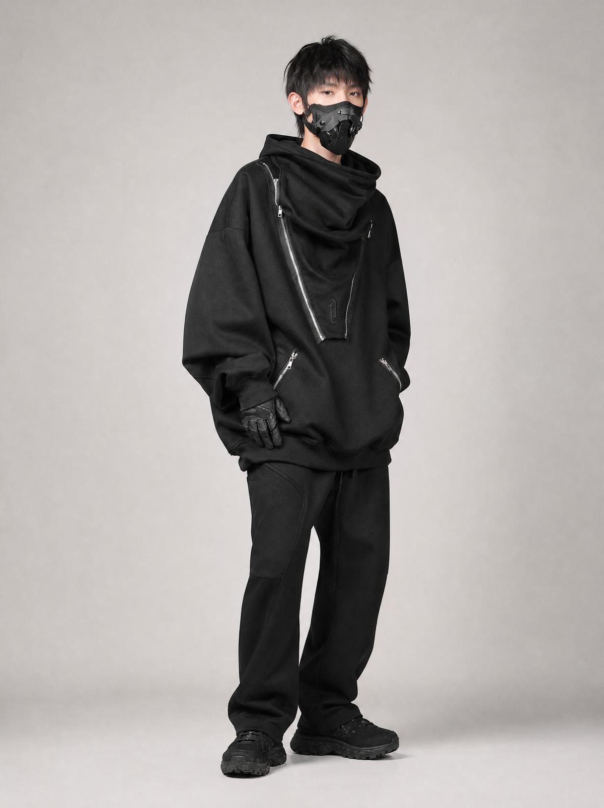 Worn by a Japanese male model: H35 Star Destruction Tech Hoodie