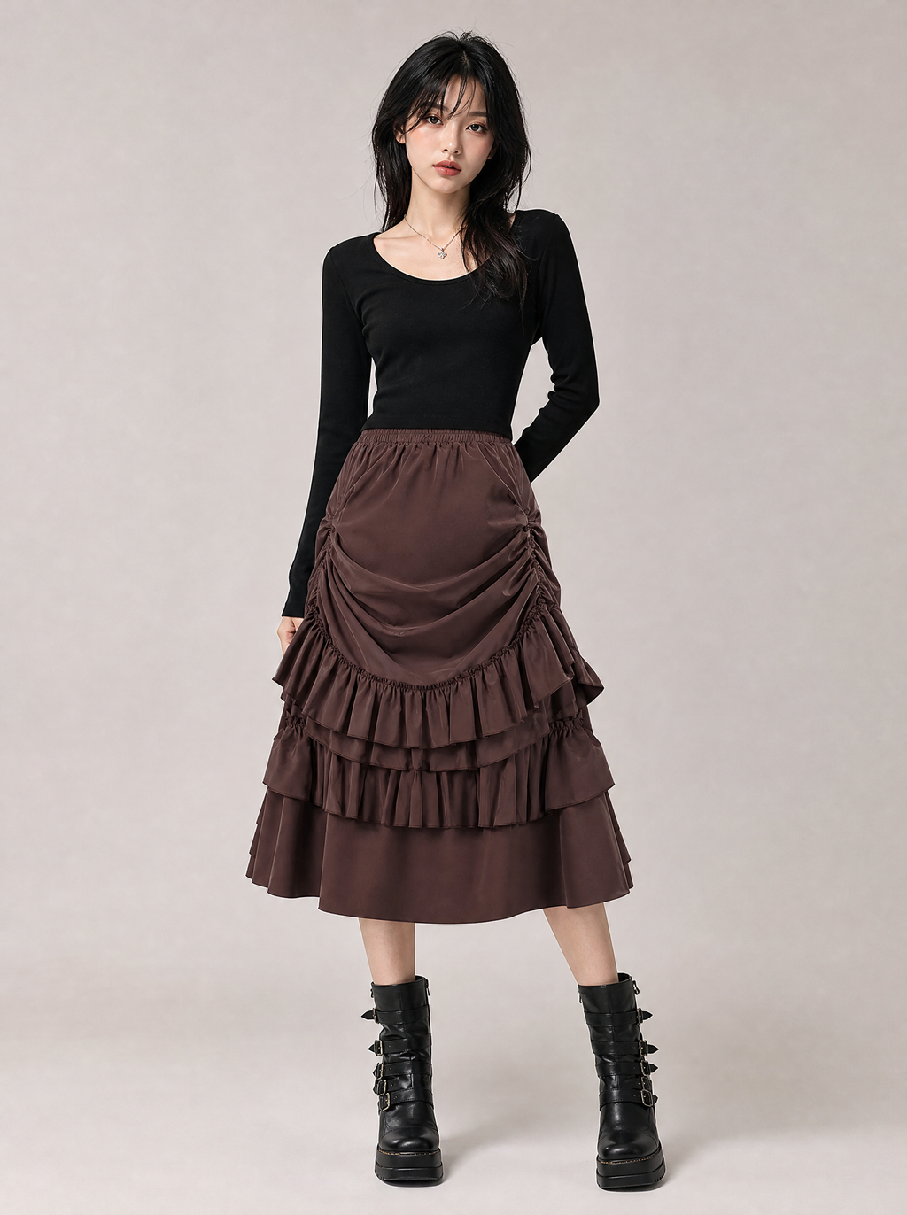 Worn by a Japanese female model: Layered Steampunk Skirt