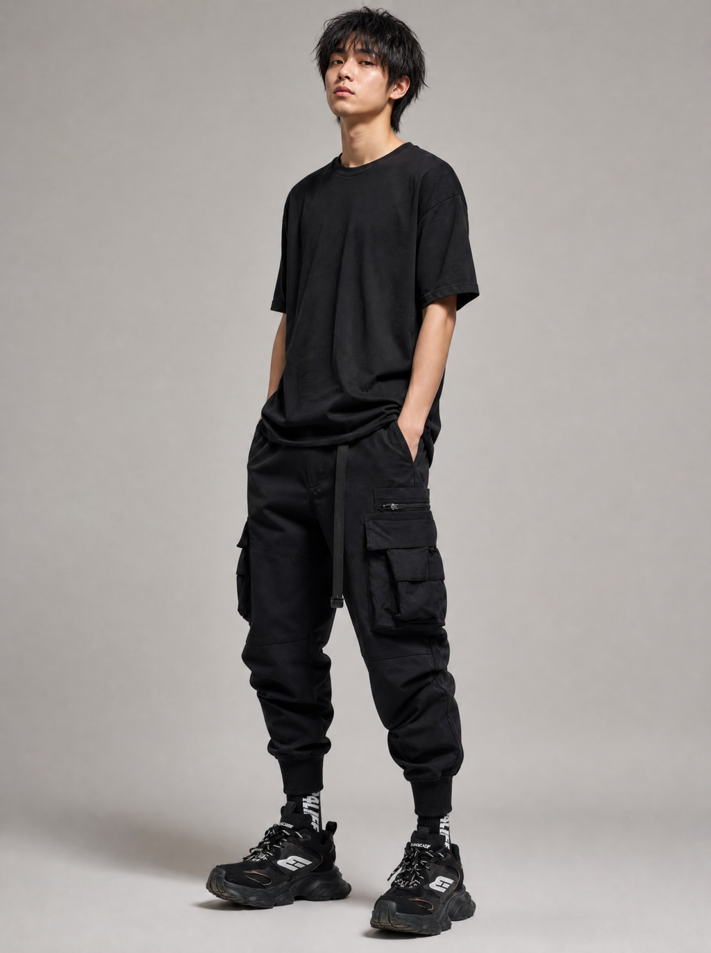 Worn by a Japanese male model: IBP442 Matte Black Cargo Joggers