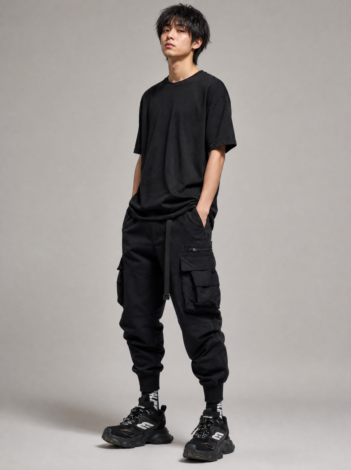 Worn by a Japanese male model: IBP442 Matte Black Cargo Joggers