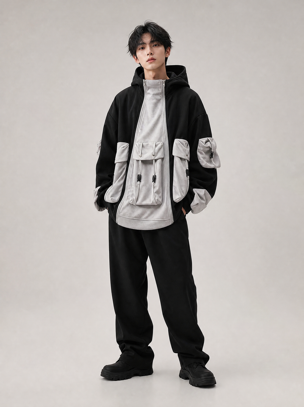 Worn by a Japanese male model: UUC-H1 Patchwork Functional Hoodie