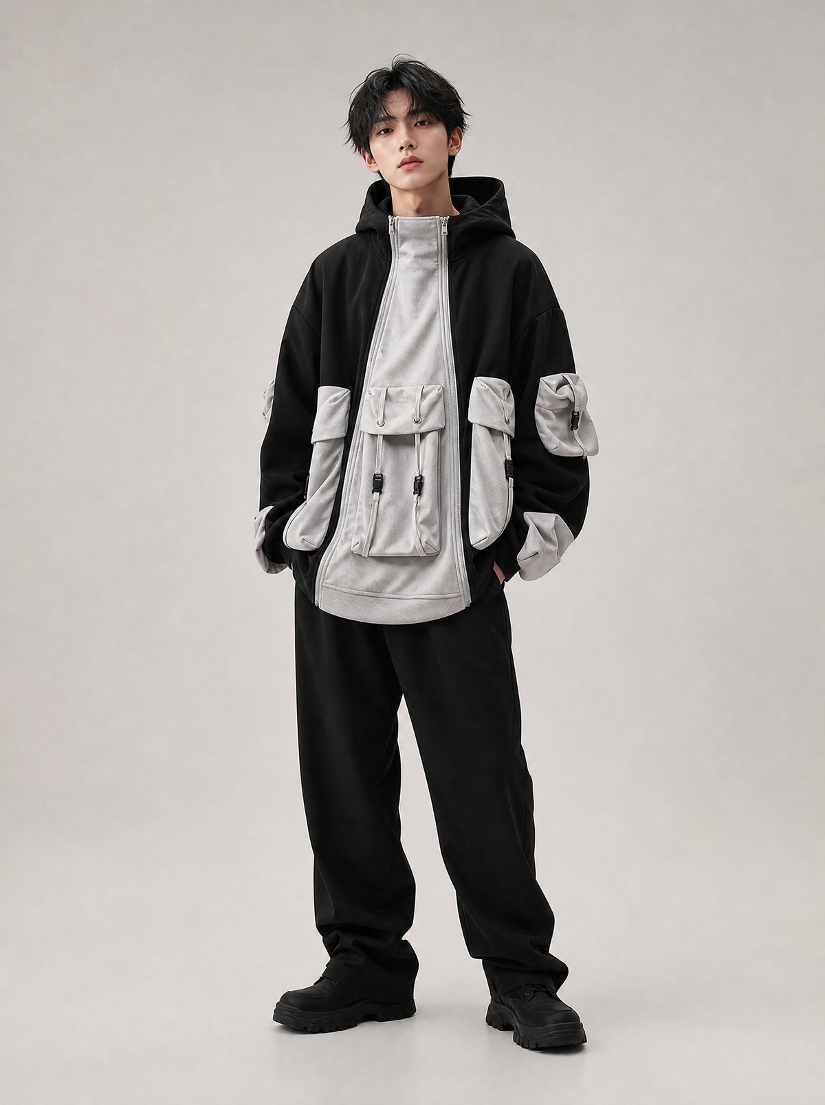 Worn by a Japanese male model: UUC-H1 Patchwork Functional Hoodie