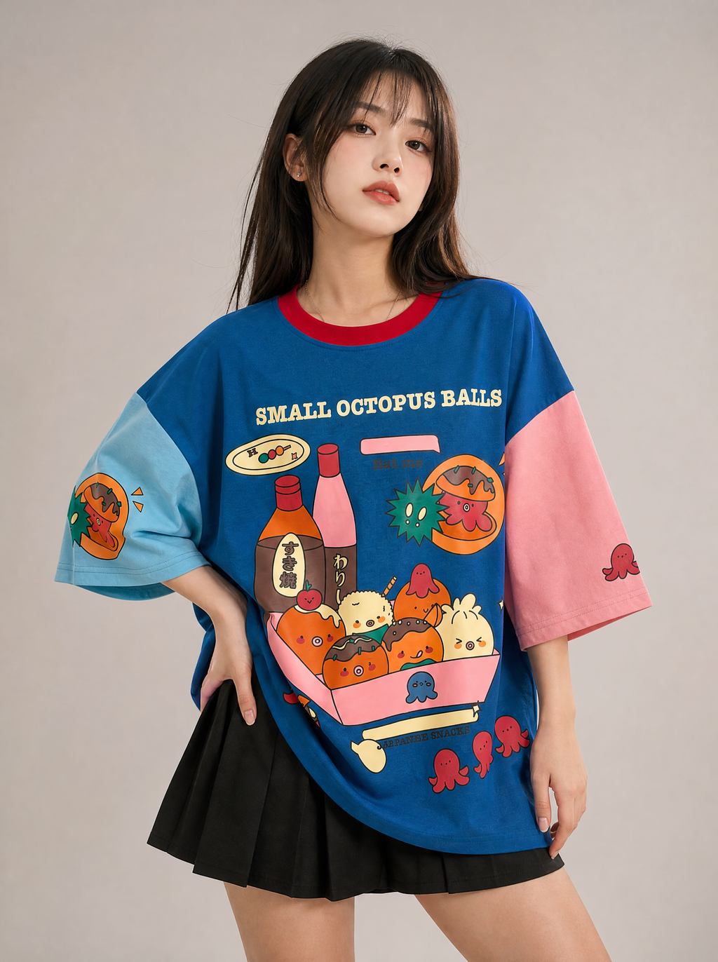 Worn by a Japanese female model: Harajuku Cartoon T-shirt Loose Fit