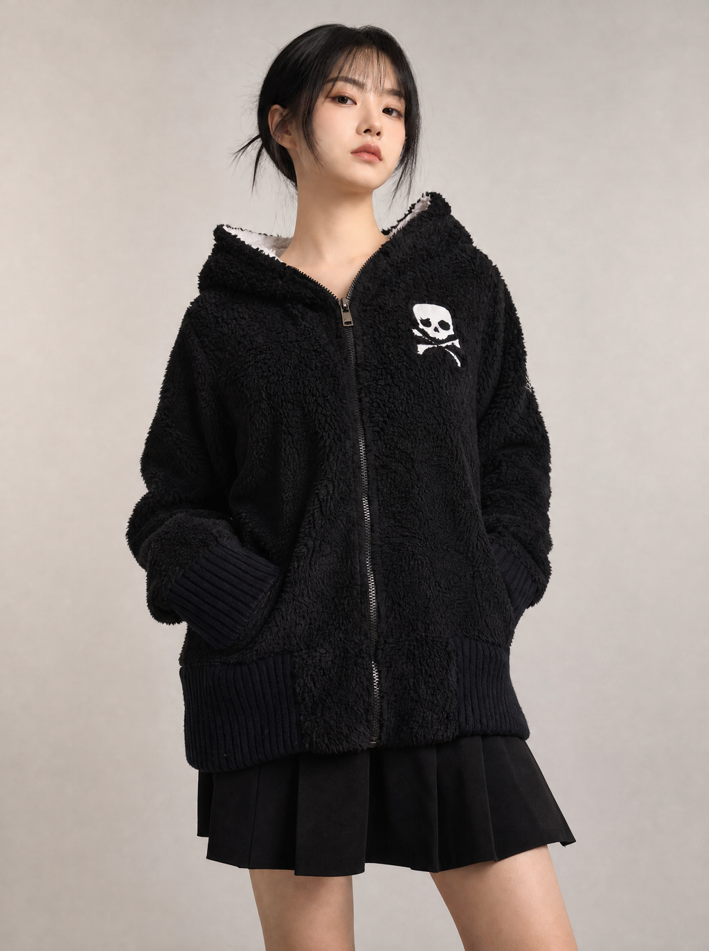 Worn by a Japanese female model: Harajuku Grunge Skull Zip Hoodie