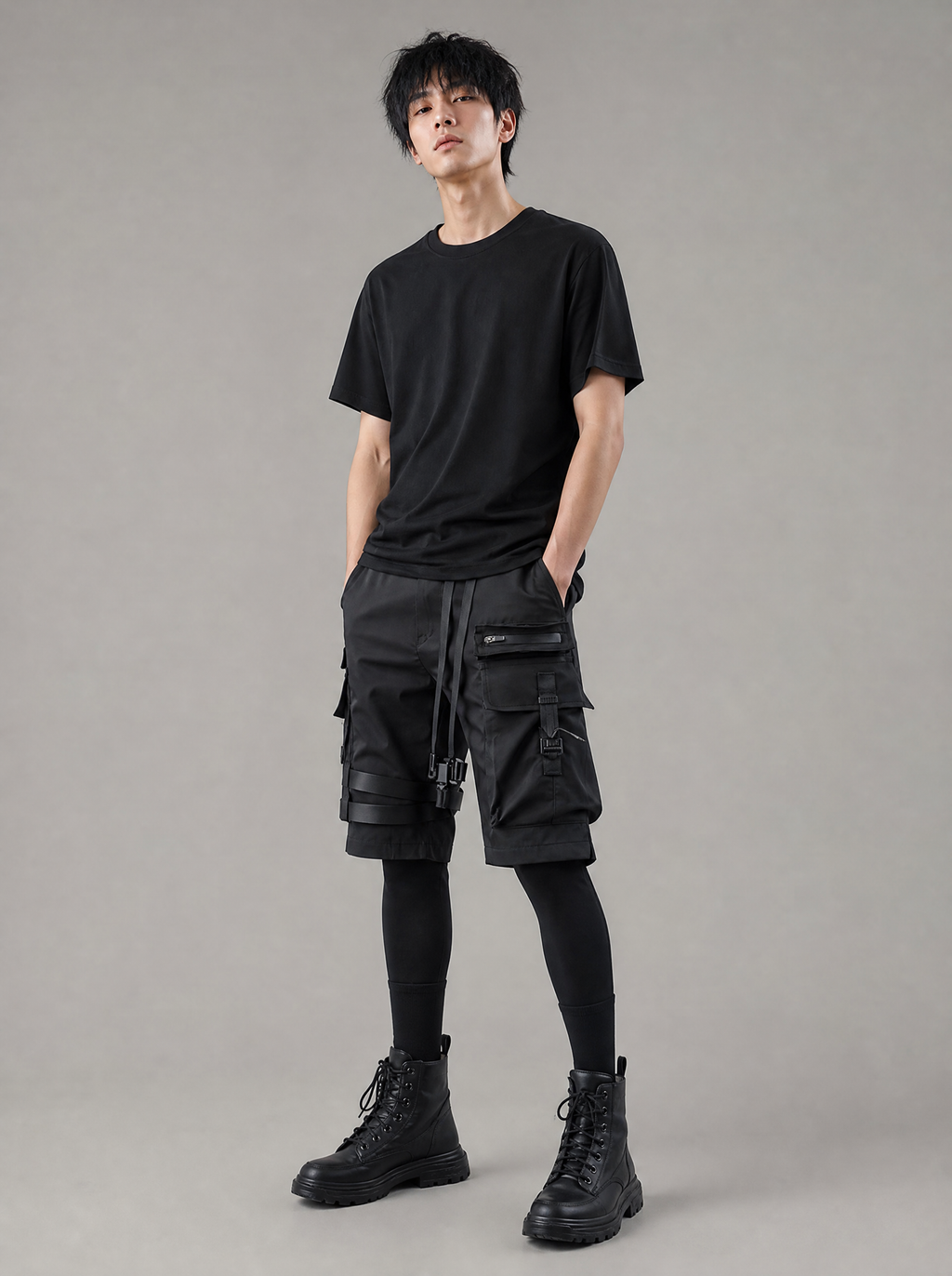 Worn by a Japanese male model: IBS429 Paratrooper Matte Black Shorts
