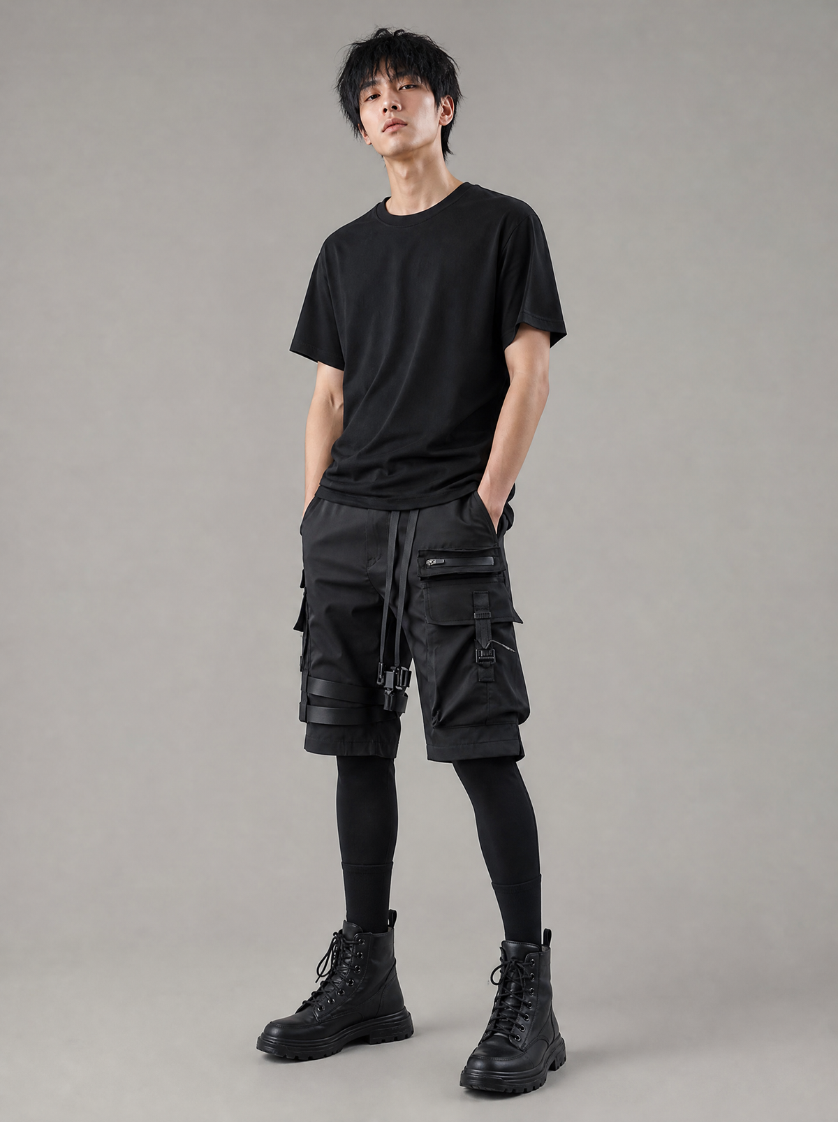 Worn by a Japanese male model: IBS429 Paratrooper Matte Black Shorts
