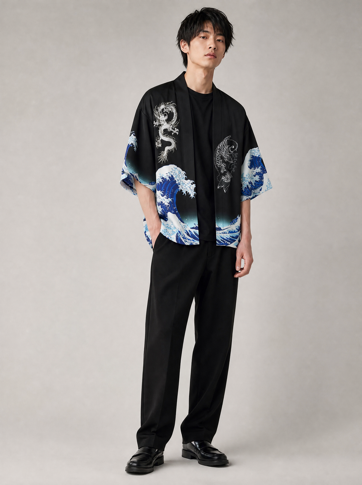 Worn by a Japanese male model: K18 Dragon Nature Kimono