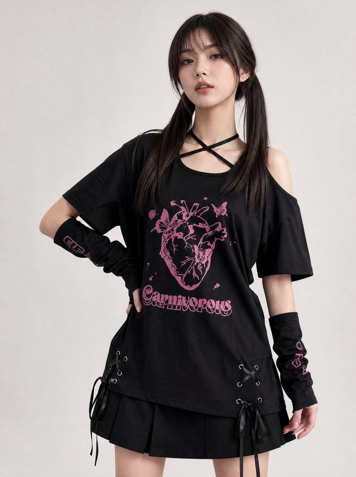 Worn by a Japanese female model: Off Shoulder Bow T-Shirt