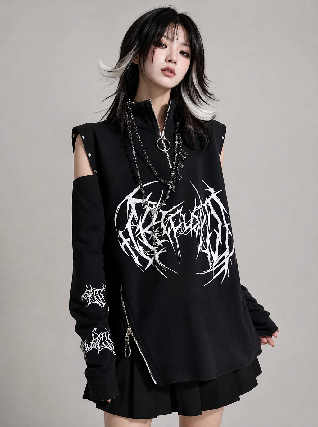 Worn by a Japanese female model: Punk Harajuku Off Shoulder Tee