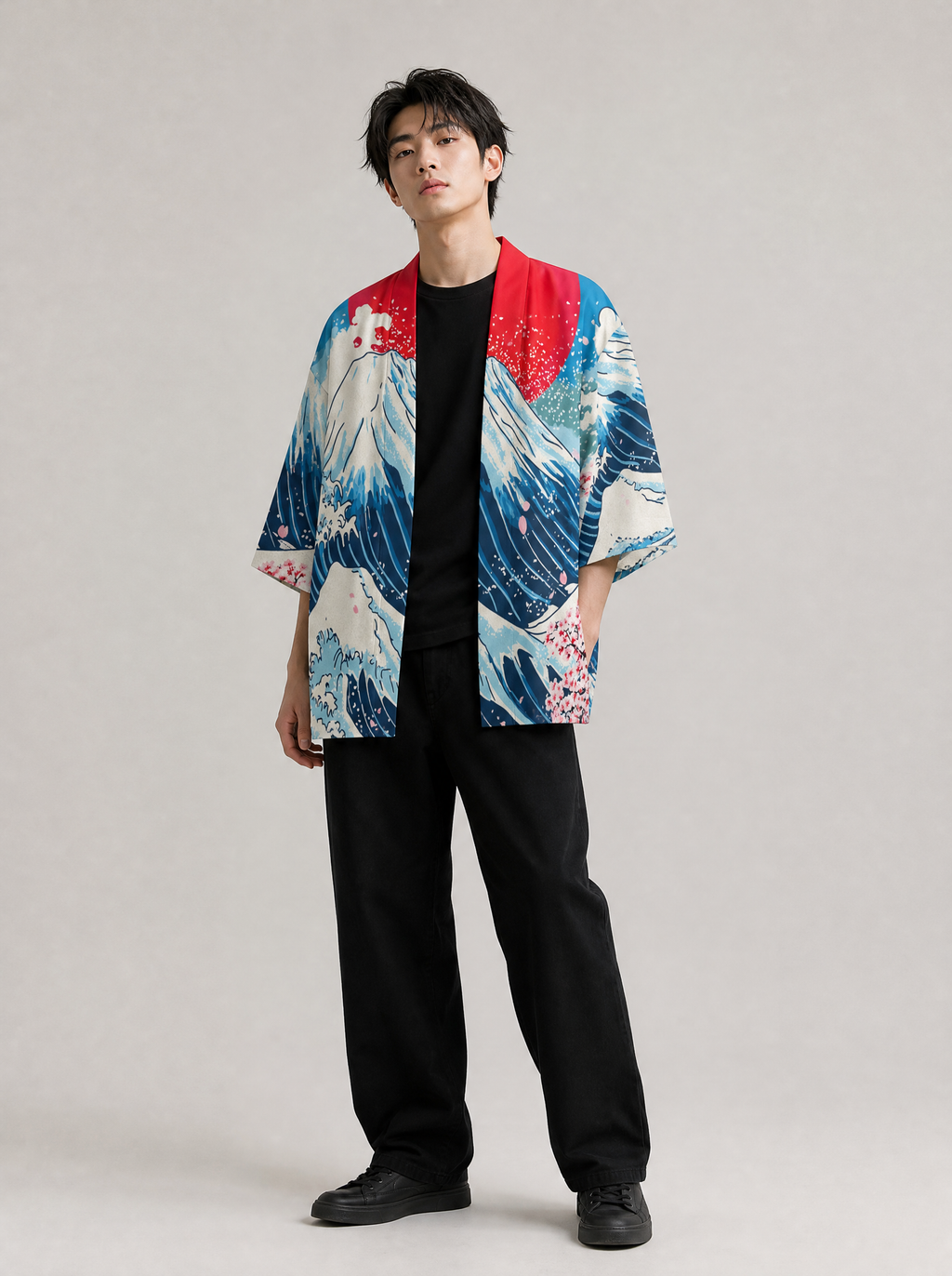 Worn by a Japanese male model: K28 Fuji Waves Kimono
