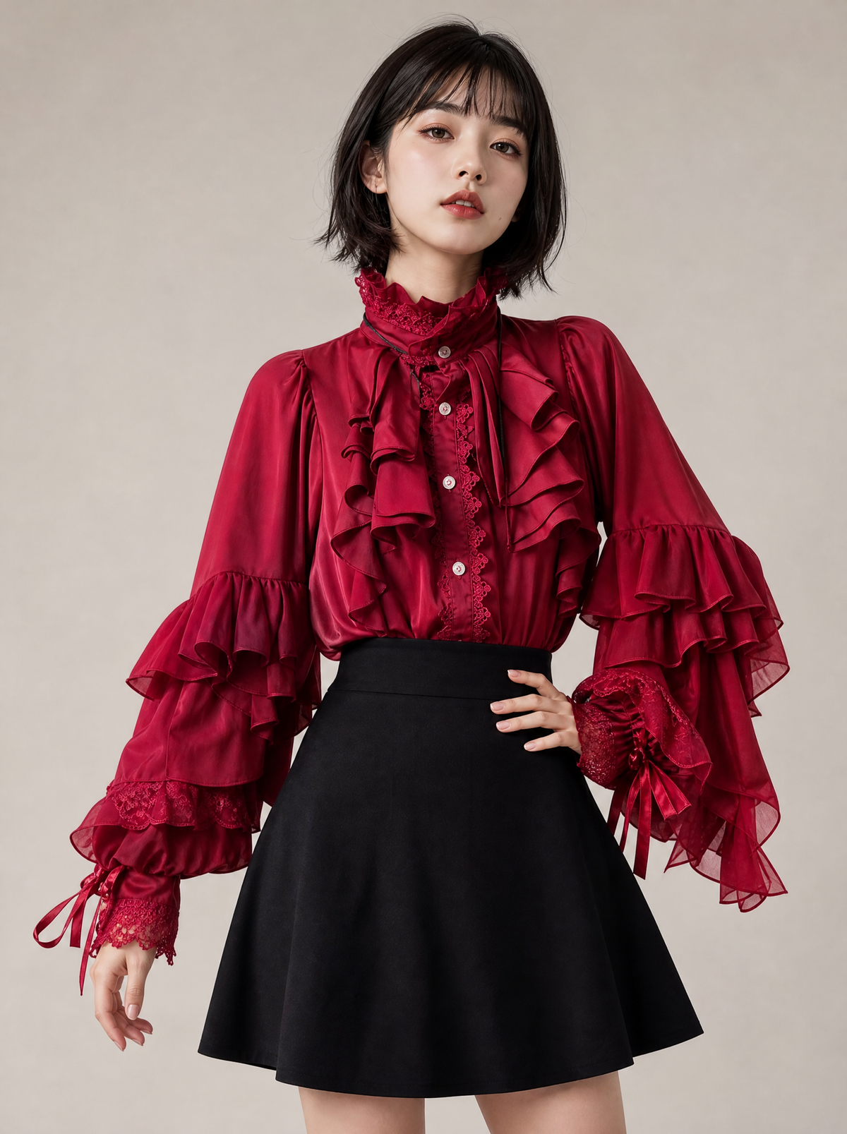 Worn by a Japanese female model: Kawaii Lace Lantern Sleeve Blouse