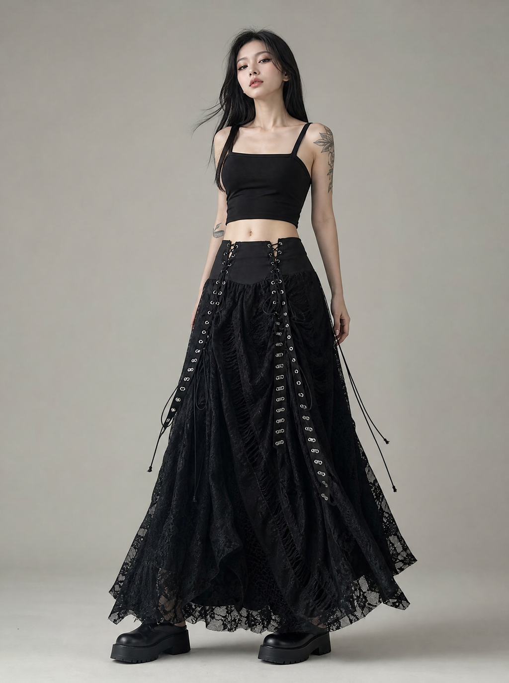 Worn by a Japanese female model: Harajuku Lace Bow A-Line Skirt