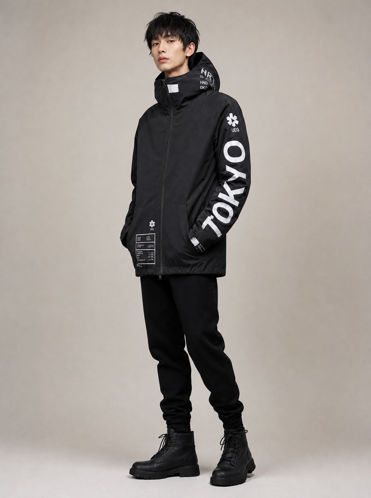 Worn by a Japanese male model: IB433 Black Winter Tokyo Parka Jacket