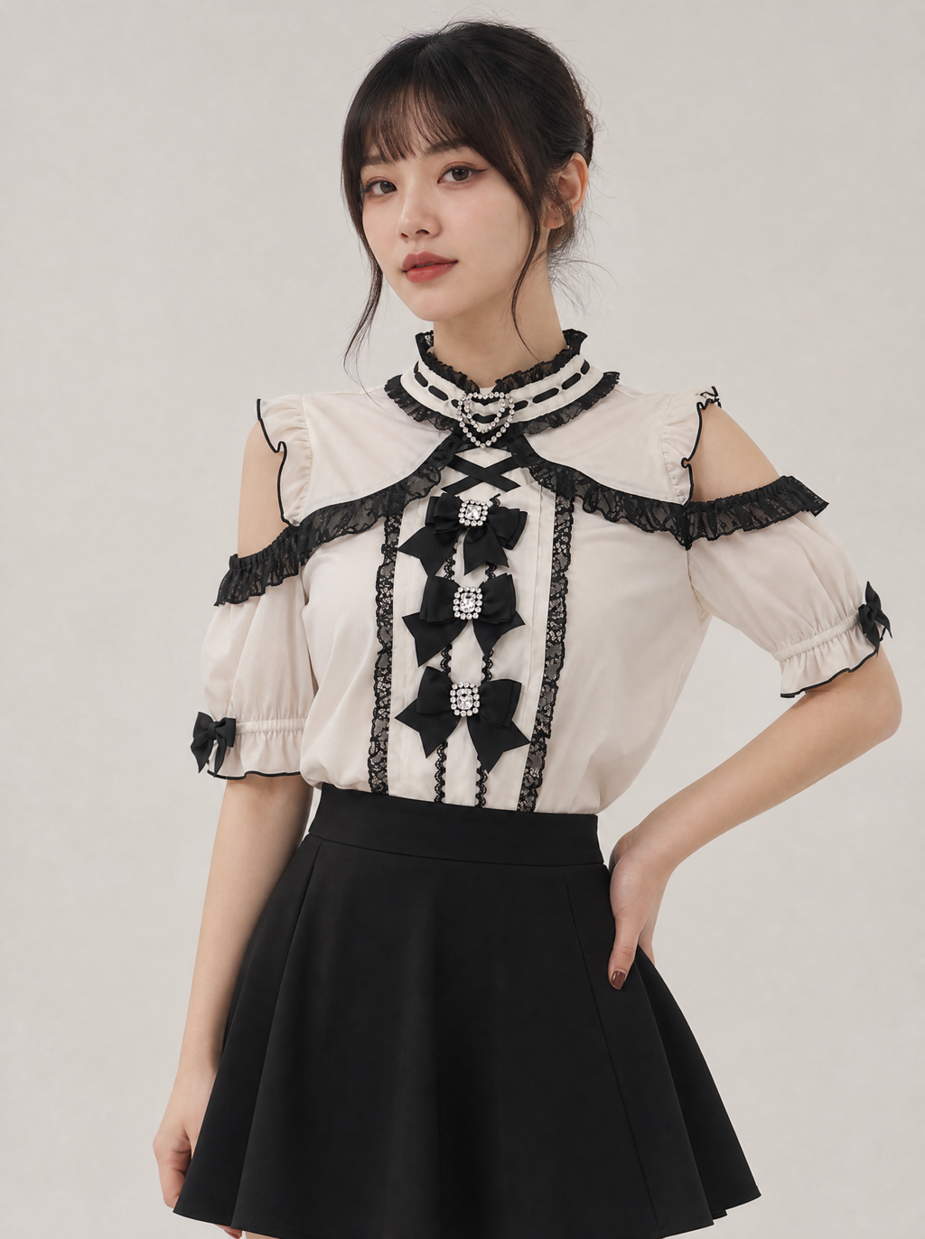 Worn by a Japanese female model: Lolita Lace Bow Off Shoulder Blouse