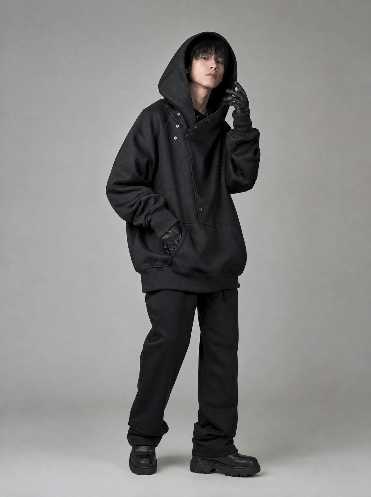 Worn by a Japanese male model: HiH38 Black Layered Hoodie
