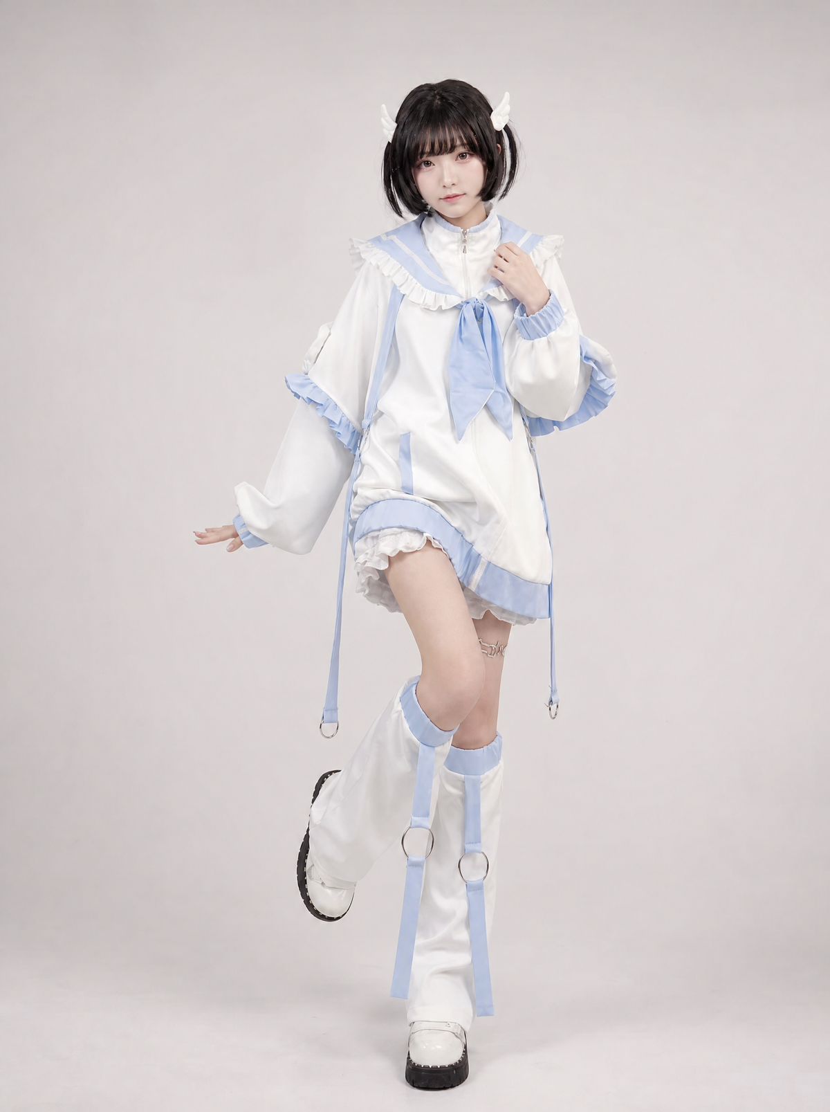Worn by a Japanese female model: Kawaii Sailor Ruffle Hoodie Set