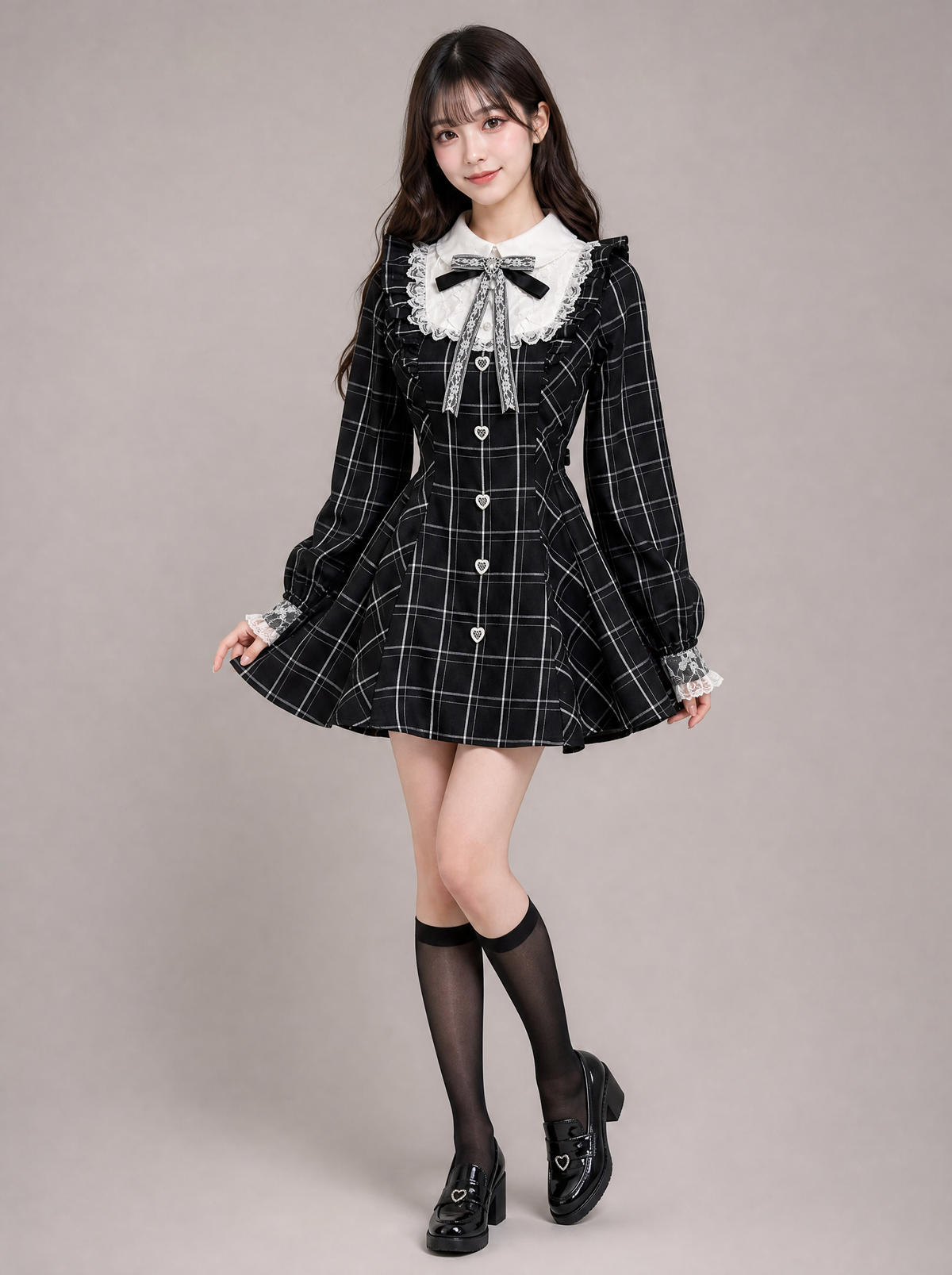 Worn by a Japanese female model: Lolita Plaid Lace Trim Dress