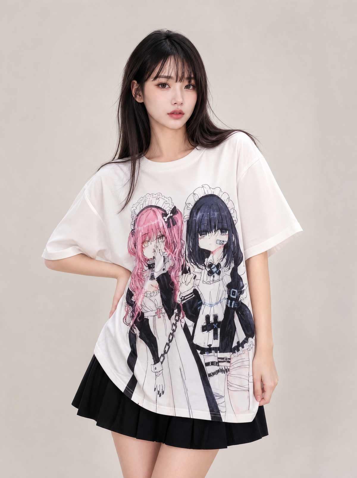 Worn by a Japanese female model: Breezy Loose Cartoon Print Shirt