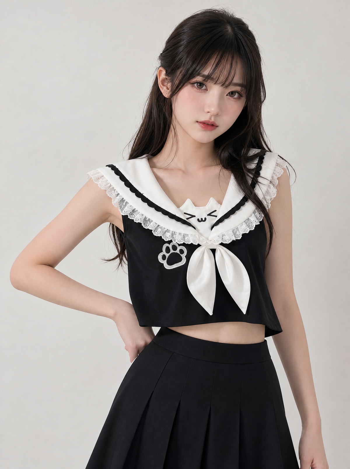 Worn by a Japanese female model: Kawaii Cat Lace Sailor Crop Top