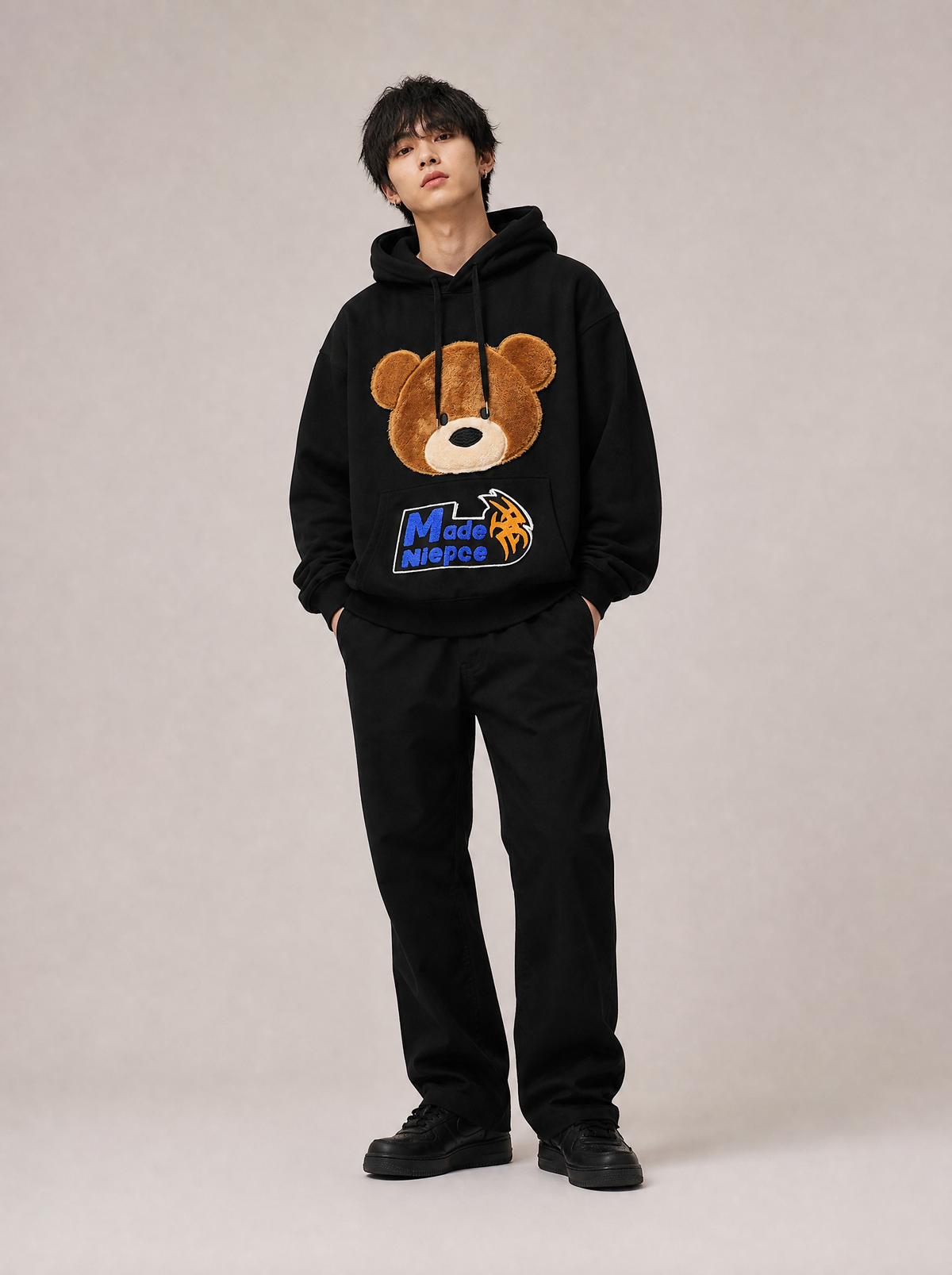 Worn by a Japanese male model: EXT369 Furry Teddy Hoodie
