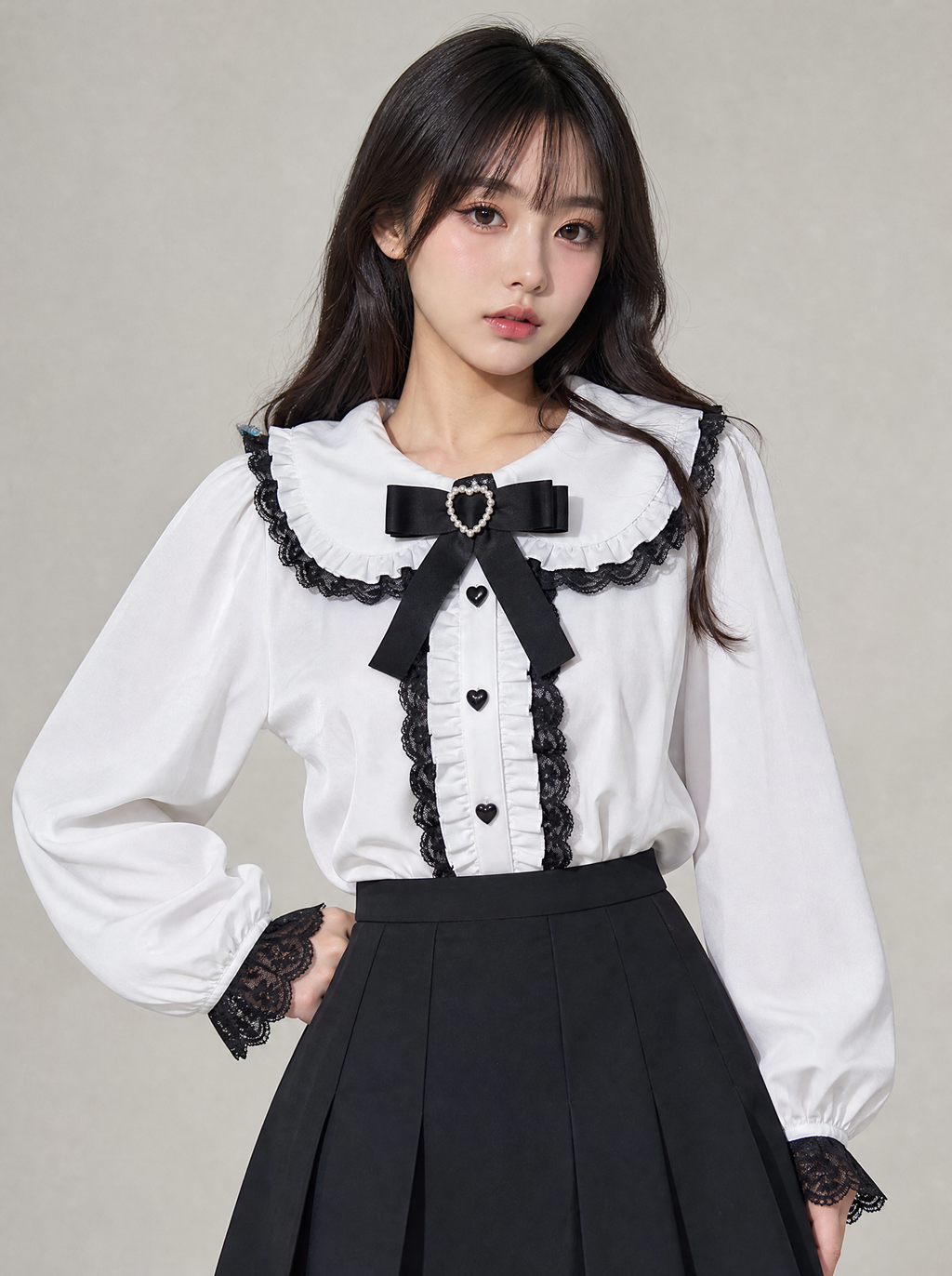 Worn by a Japanese female model: Sweet Harajuku Lace Ruffle Blouse