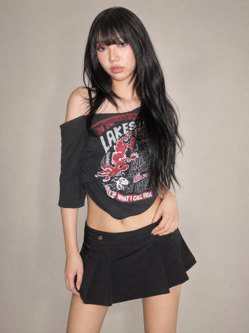 Worn by a Japanese female model: Harajuku Gothic Off-Shoulder T-Shirt