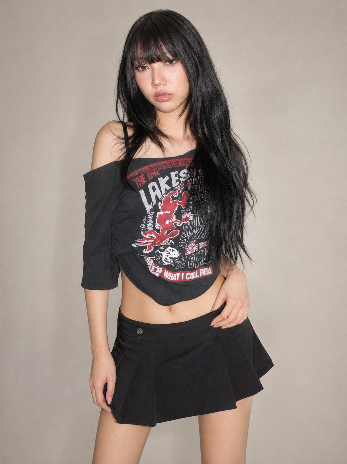 Worn by a Japanese female model: Harajuku Gothic Off-Shoulder T-Shirt