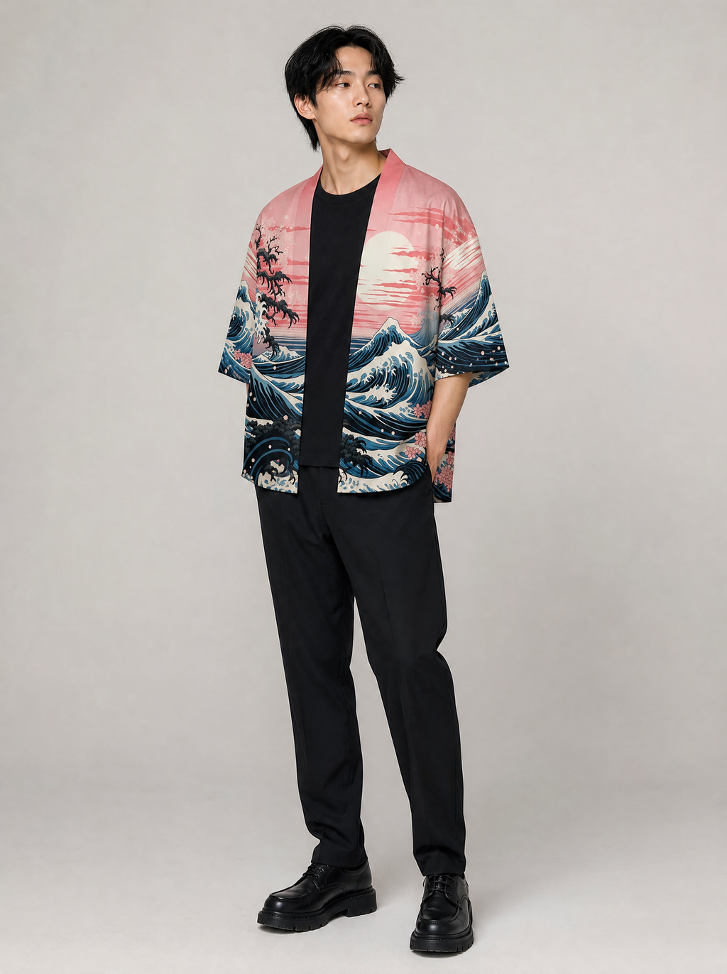 Worn by a Japanese male model: K30 Sunset Sea Kimono
