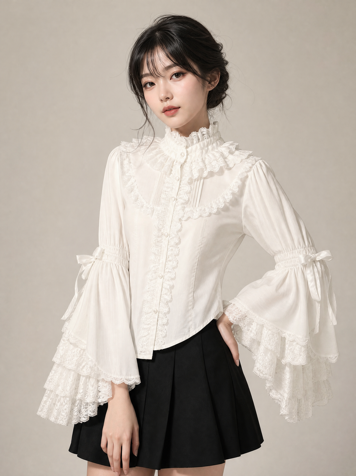 Worn by a Japanese female model: White Lolita Ruffle Lace Blouse
