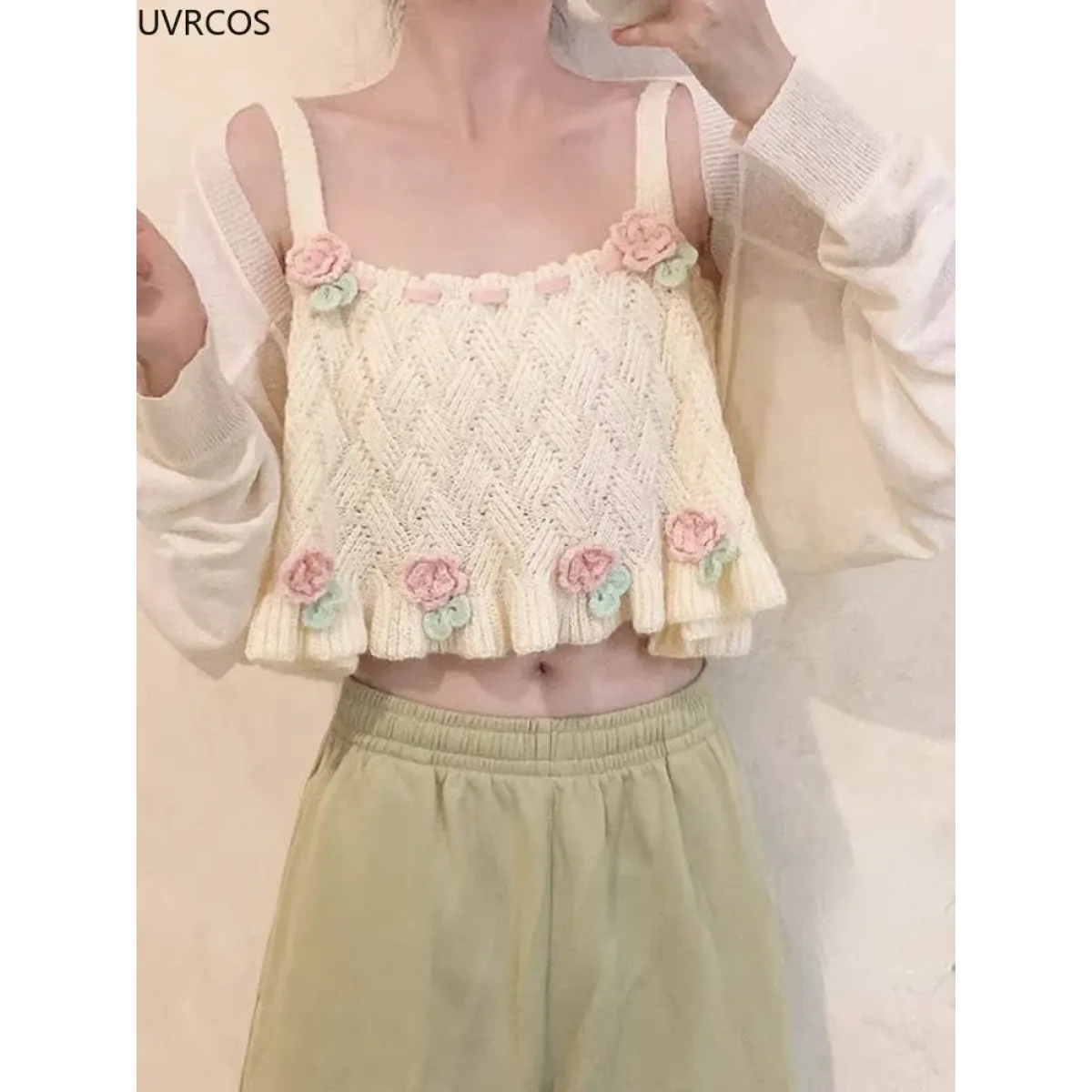 Chic Japanese Kawaii Flower Embroidery Knit Tank Top