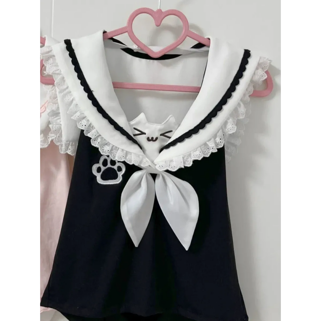 Kawaii Cat Lace Sailor Crop Top