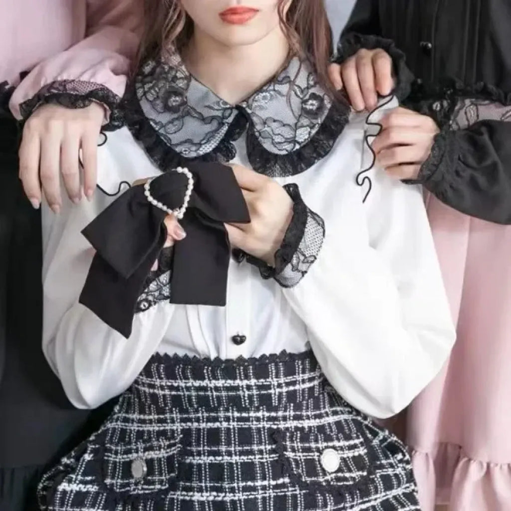 Lace Trim Bow Blouse – Harajuku Y2K Grunge Lolita Shirt