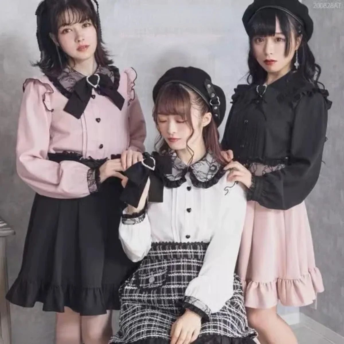 Lace Trim Bow Blouse – Harajuku Y2K Grunge Lolita Shirt