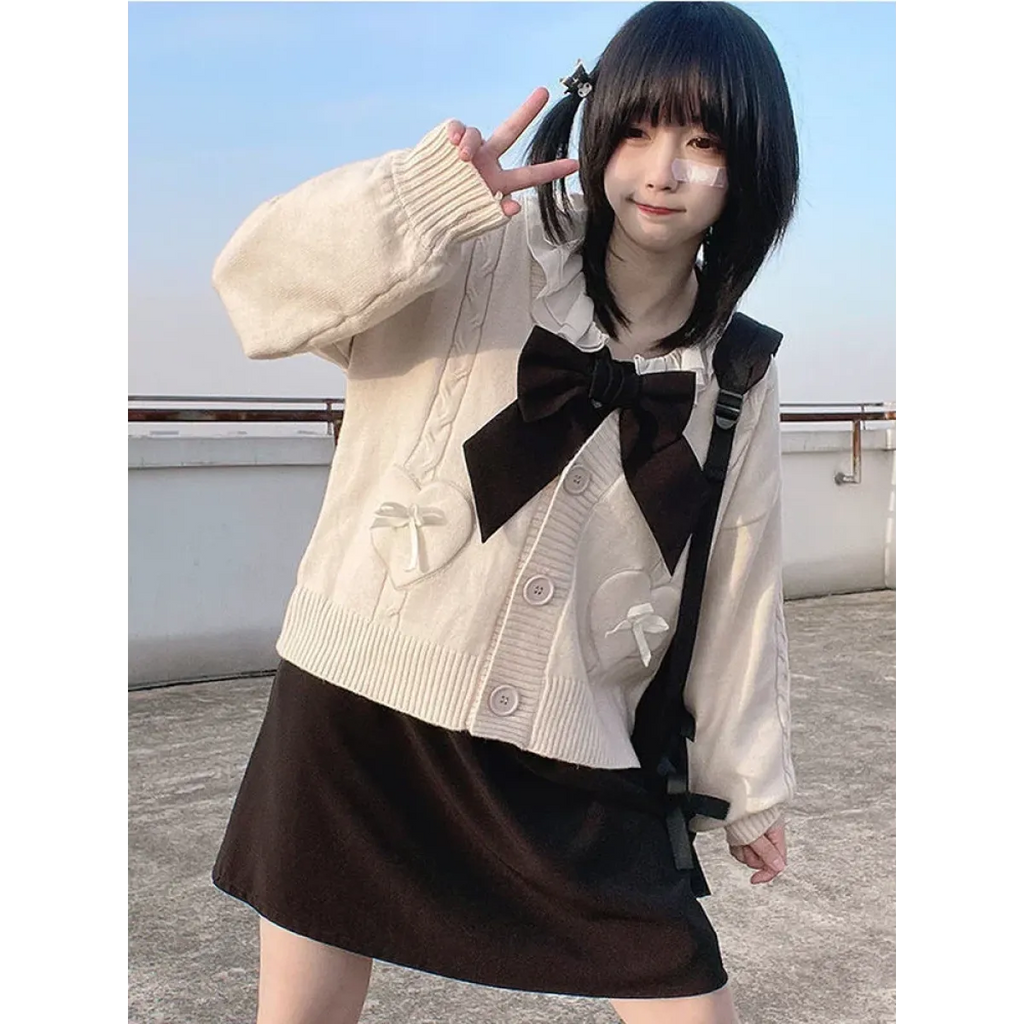 Kawaii Knitted Cardigan – Women's Heart Pocket Bow Sweater