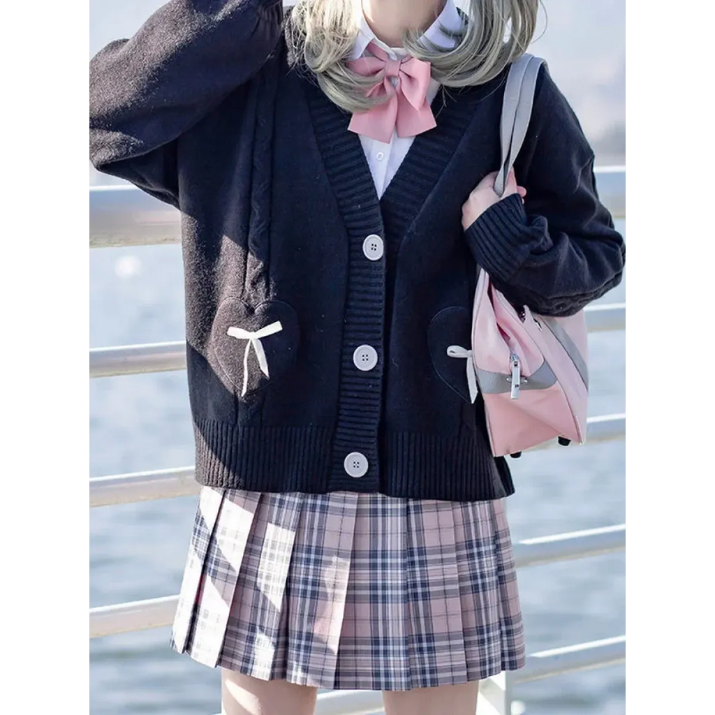 Kawaii Knitted Cardigan – Women's Heart Pocket Bow Sweater