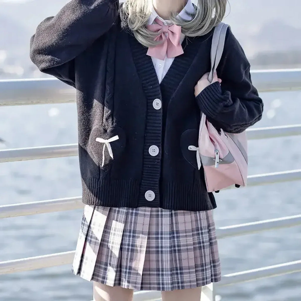 Kawaii Knitted Cardigan – Women's Heart Pocket Bow Sweater