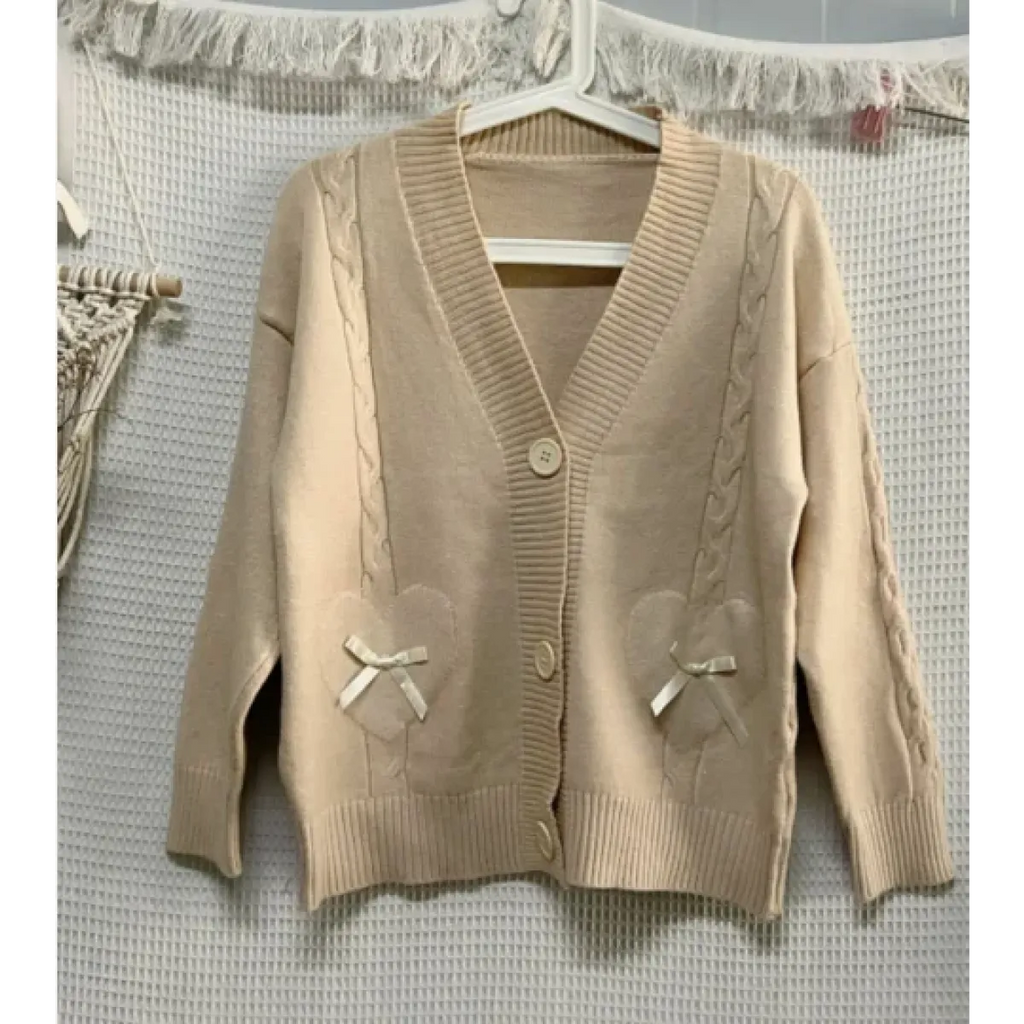 Kawaii Knitted Cardigan – Women's Heart Pocket Bow Sweater