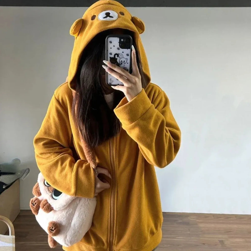 Kawaii Zip-Up Hoodie - Oversized Cute Bear Sweatshirt for Women