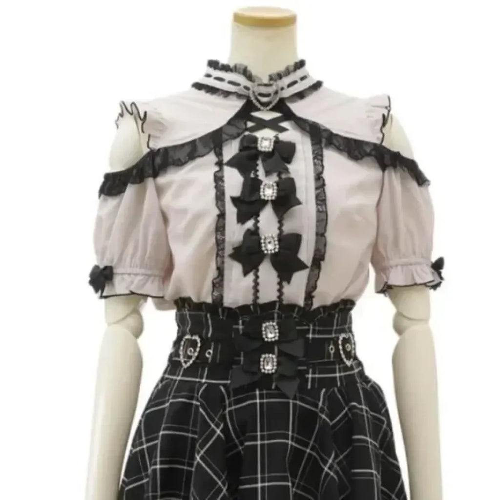 Kawaii Lace Patchwork Blouse – Y2K Off Shoulder Bow JK Shirt