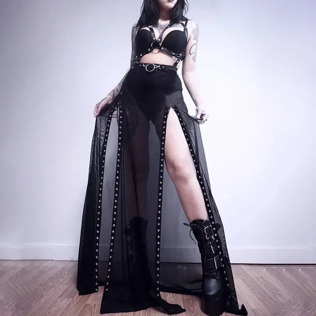 Mesh Gothic Side Slit Skirt – Punk Lace-Up High Waist Maxi Skirt